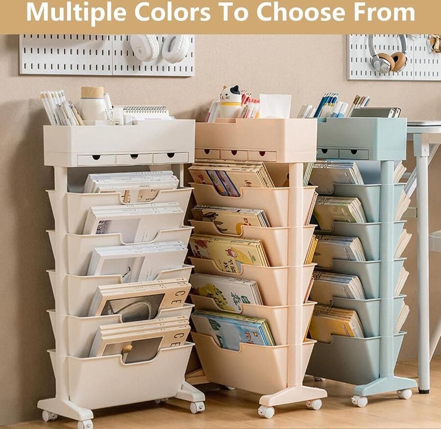 Mrs. Jones Beweegbare boekenkast mobiele boekenrekwagen met 6 niveaus en wielen praktische rollende organisatierek rolwagen opbergorganizer voor kinderen studenten kantoor wit