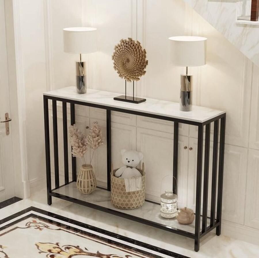 Mrs. Jones Bijzettafel Banktafel Smalle tafel Gang tafel Lange tafel Gesinterd steen Marmerlook Zwart metaal