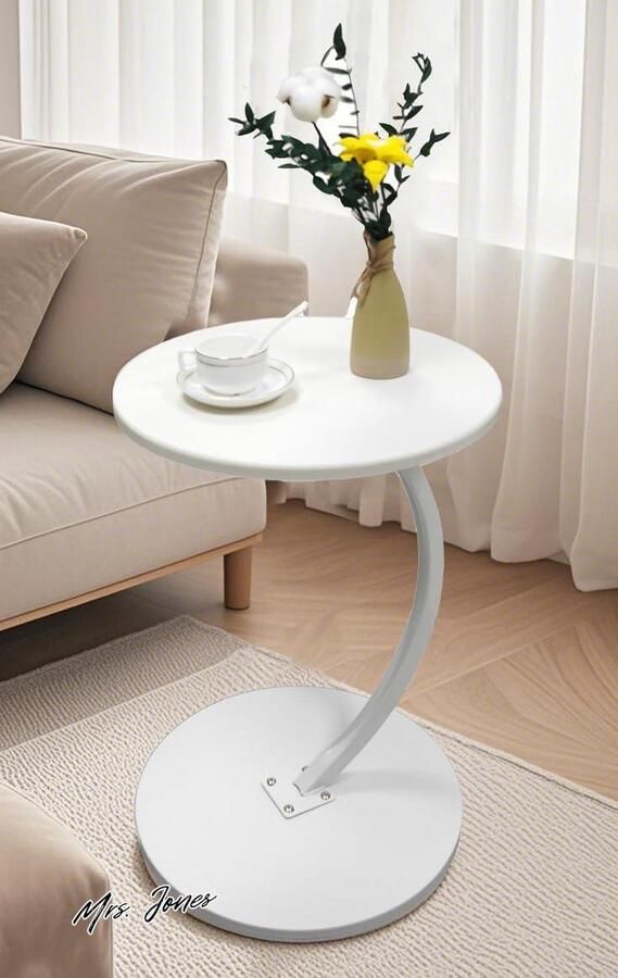 Mrs. Jones Bijzettafel hout wit salontafel C-vormige steun tafelblad diameter 40 cm notenhoutlook rond bijzettafels voor woonkamer