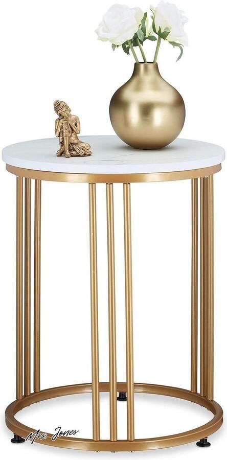 Mrs. Jones Bijzettafel rond metaal & MDF marmerlook wit goud HxD 51x41 salontafel trendy modern