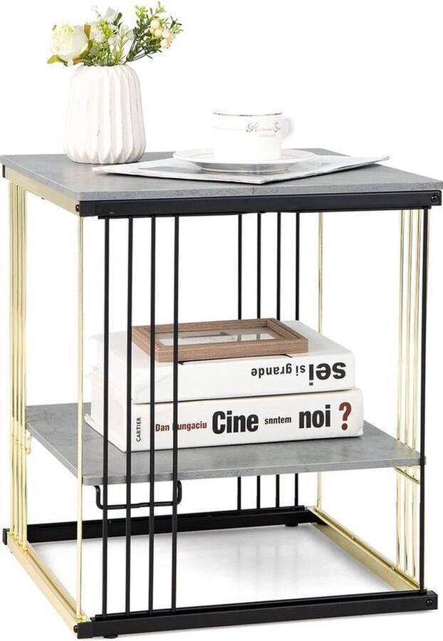 Mrs. Jones Bijzettafel met 2 niveaus marmerlook nachtkastje met afneembare plank salontafel met metalen frame modern 39 x 39 x 45 cm
