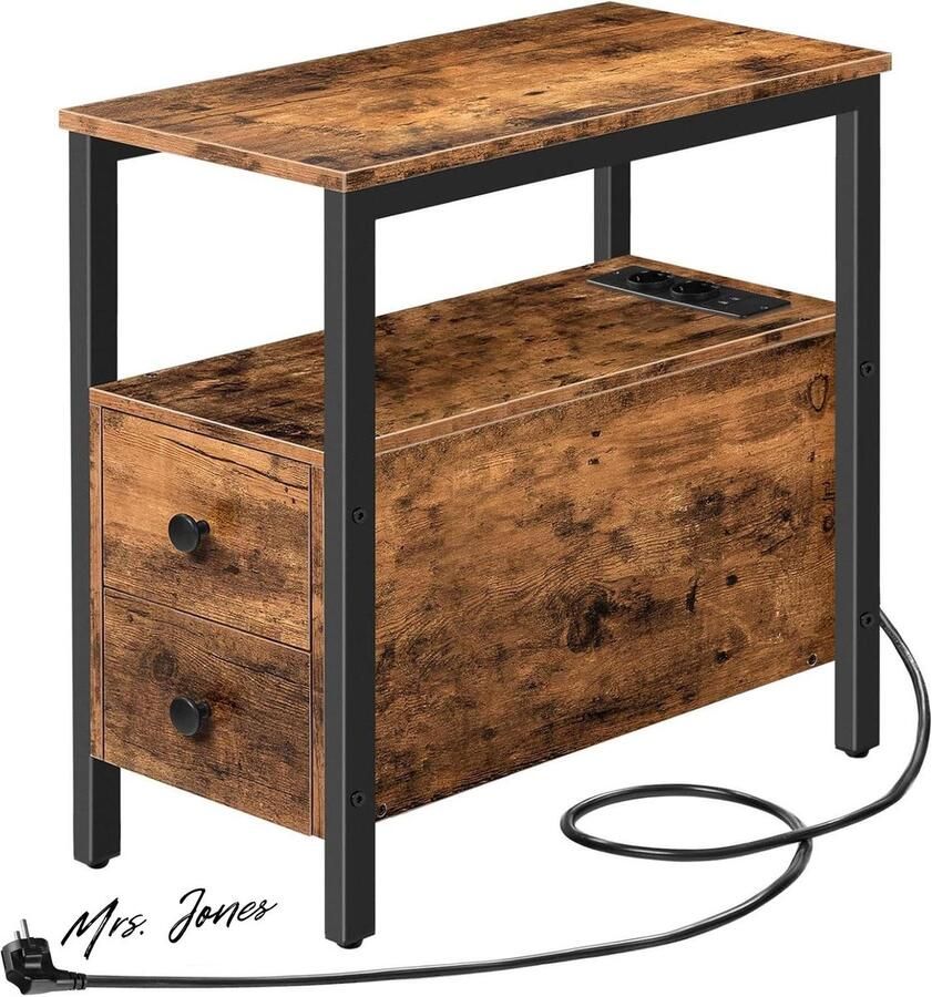 Mrs. Jones Bijzettafel met laadstation bank-tafel met 2 laden en USB-poort voor kleine ruimtes stabiel en robuust voor woonkamer slaapkamer donkerbruin EBF542BZ01