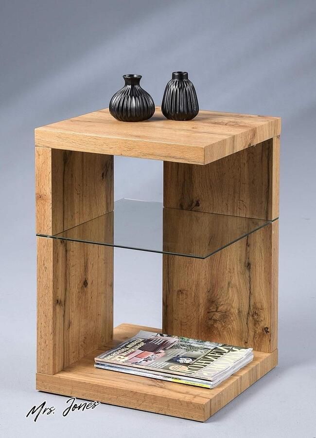 Mrs. Jones Bijzettafel Nachtkastje MDF Veiligheidsglas Wildeiken 40x40x60cm HomeTrends4You Domingo