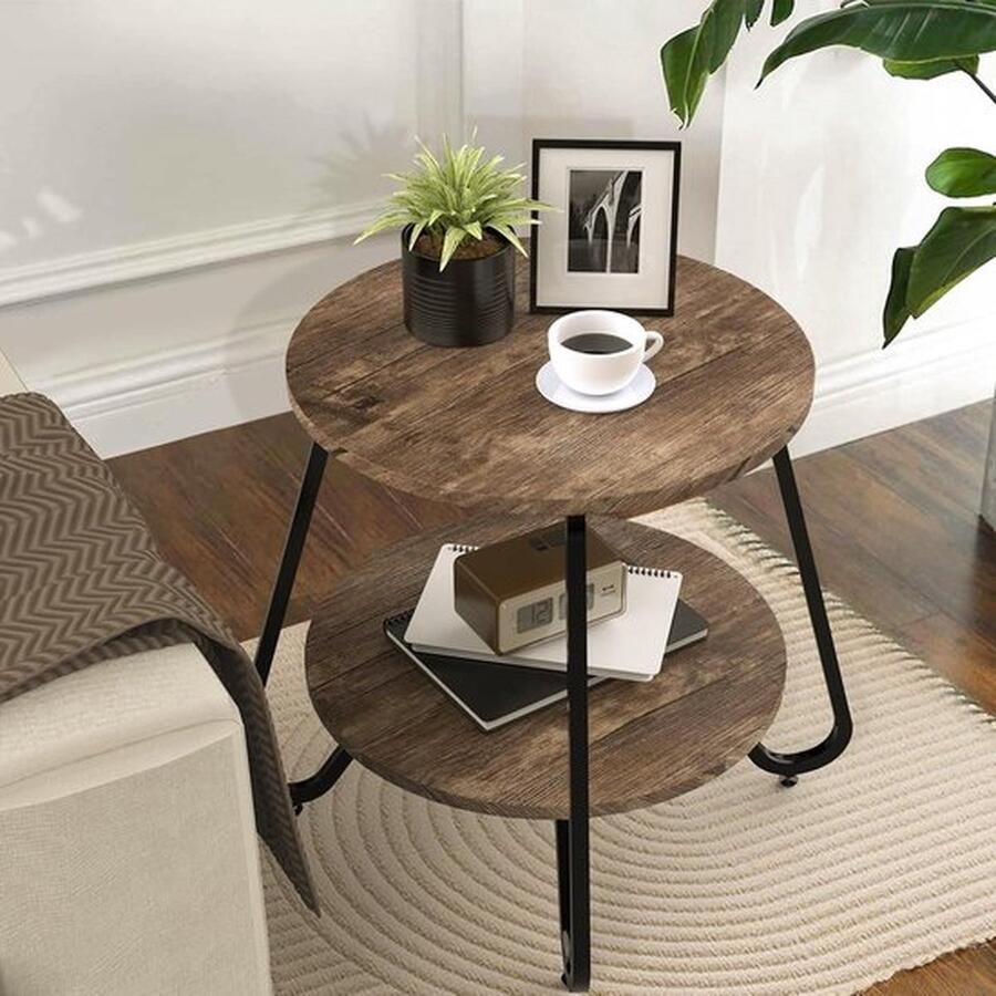 Mrs. Jones Bijzettafel rond hout moderne stijl kleine tafel met 2-traps legplank kleine bijzettafel voor woonkamer slaapkamer balkon