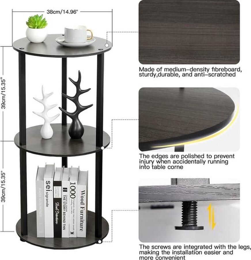 Mrs. Jones Bijzettafel rond hout woonkamertafel diameter 38 x hoogte 78 cm 3 planken modern nachtkastje salontafel voor woonkamer slaapkamer eetkamer balkon eenvoudig op te bouwen koffietafel