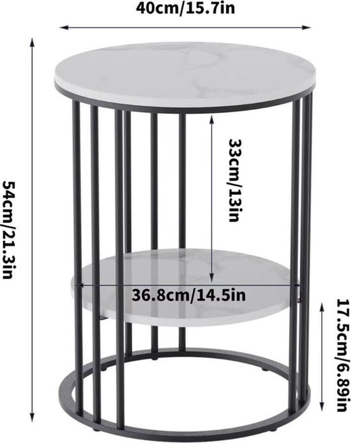 Mrs. Jones Bijzettafel Rond Koffietafel Hoog frame Tafel naast de bank Nachtkastje Gesinterd Steen Marmerlook Licht grijs Zwart metaal 40x40x54cm