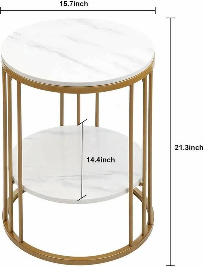 Mrs. Jones Bijzettafel Rond Koffietafel Hoog frame Tafel naast de bank Nachtkastje Gesinterd Steen Marmerlook Licht grijs Goud metaal 40x40x54cm