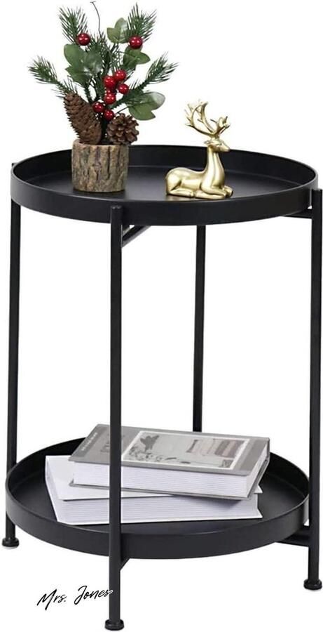 Mrs. Jones Bijzettafel rond metaal 2 etages salontafel tuintafel Ø36 x H515 cm bankpunt industriële stijl bed kleine tafels voor woonkamer balkon slaapkamer (zwart)