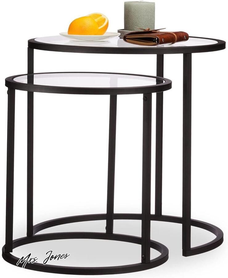 Mrs. Jones Bijzettafel Set 2 Salontafeltjes Glazen Tafelblad HBD 505x50x50cm Passen Zwart