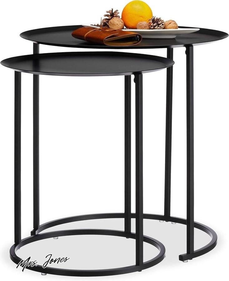 Mrs. Jones bijzettafel set van 2 verhoogde rand salontafeltjes stalen frame modern HxØ 50x50 cm antraciet met opstaande-randegie