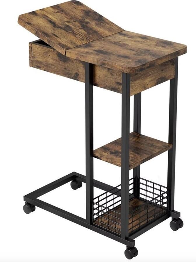 Mrs. Jones Bijzettafel Sidetable Eindtafel Koffietafel Industrieel Met opbergvak Op wieltjes Hout en metaal Bruin Zwart