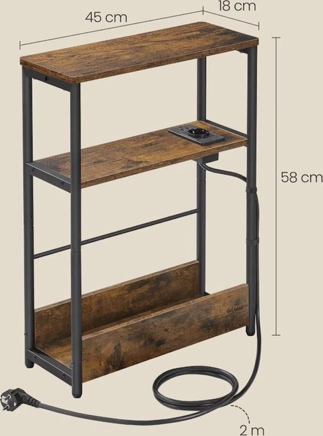 Mrs. Jones Bijzettafel Sidetable Eindtafel Koffietafel Lectuurbak Met stopcontact en USB Industrieel Hout en metaal Bruin Zwart 18x45x58cm