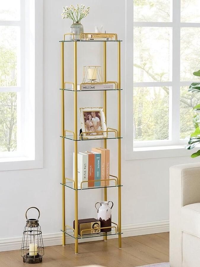 Mrs. Jones boekenkast 5-niveaus gehard glazen boekenplanken smalle boekenplank voor kleine ruimtes opslag Rack Display plank slanke schappen unit voor woonkamer slaapkamer badkamer entree kantoor Golden