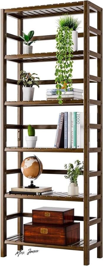 Mrs. Jones Boekenkast Bamboe met Verstelbare Planken 6-laags Hoge Open Boekenplank Opbergorganisator Vrijstaande Badkamerplank Plantenstandaard Walnoot