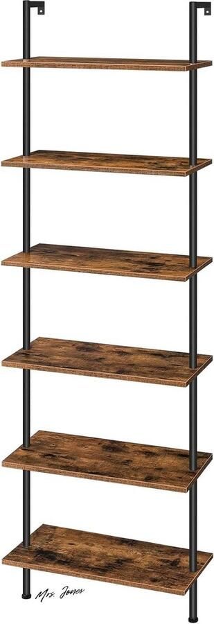 Mrs. Jones Boekenkast EBF65CJ01 doe-het-zelf industriële ladderplank spaanplaat verticaal staand rek met stabiliserend metalen frame voor thuiskantoor woonkamer donkerbruin