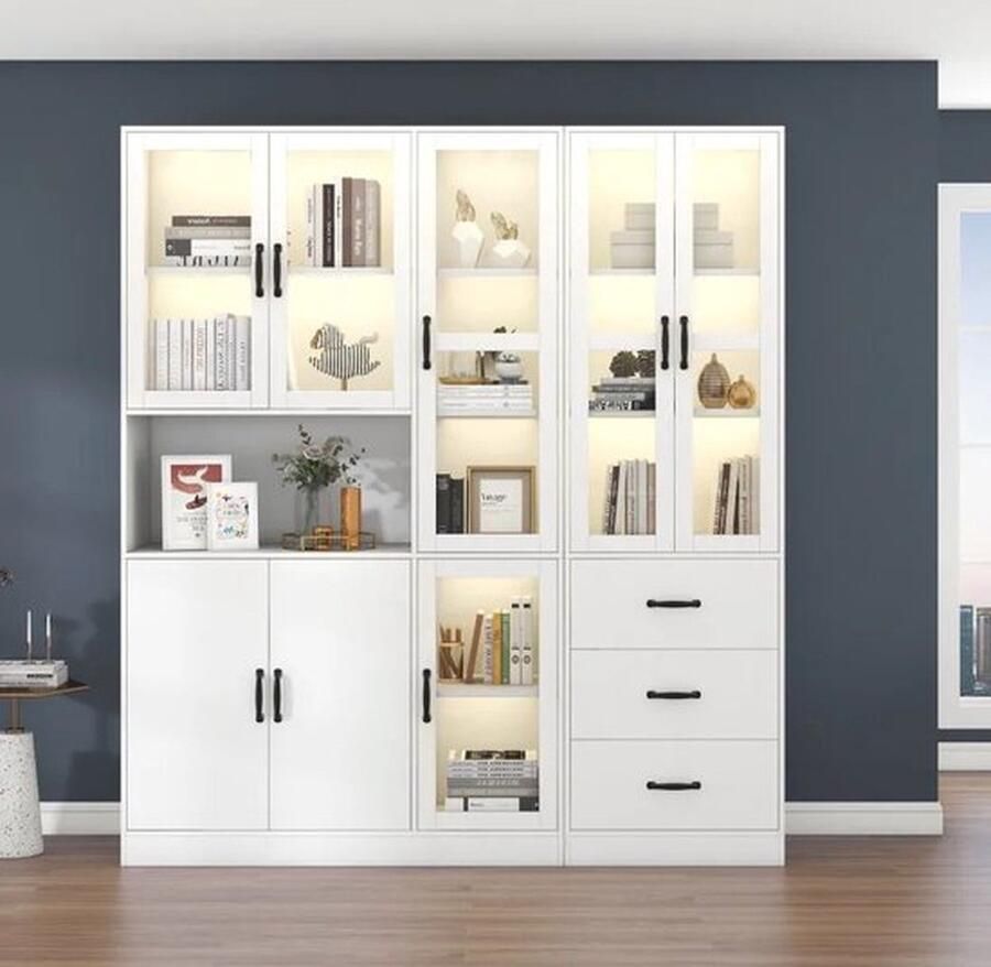 Mrs. Jones Boekenkast Inclusief LED Verlichting 8 Deuren & 3 Lades Wit Modern Design 200x180 cm