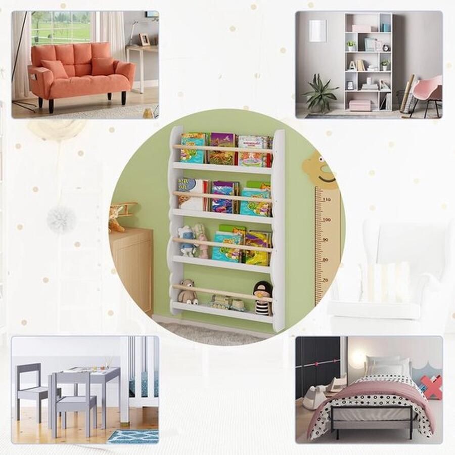 Mrs. Jones Boekenkast Kind Boekenkast Kinderkamer Hangende Boekenkast Wit 4 Planken 60 x 10 x 98