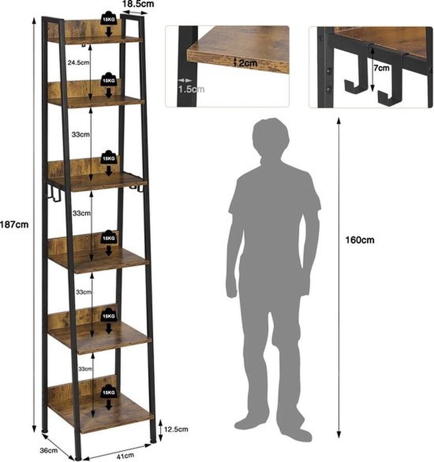 Mrs. Jones Boekenkast Opbergkast Open Kast 6 Planken Inclusief 4 Haken Industriële Kast 41x36x187cm Donker Eiken