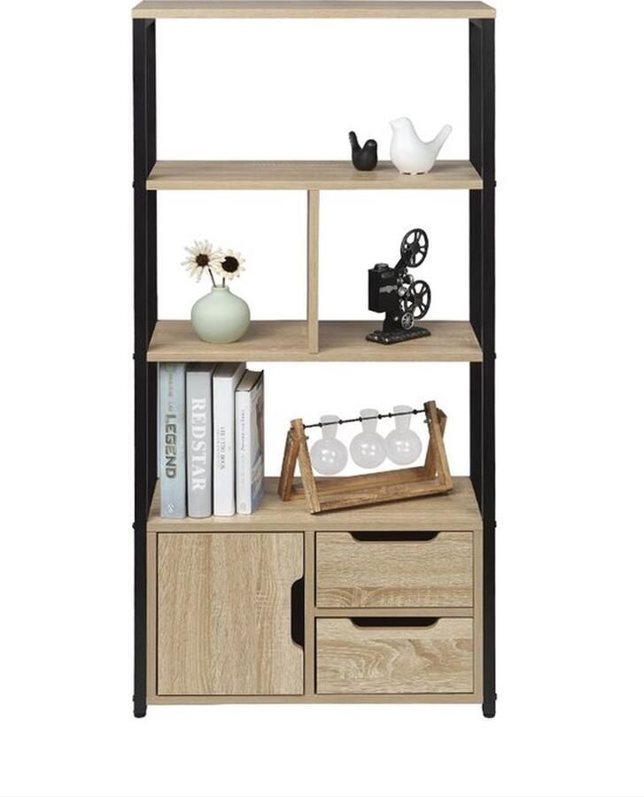 Mrs. Jones Boekenkast Plankenkast Open Kast Hout 3 planken Deur en Lades Industrieel Zwart metaal Light Oak hout 120x58x24