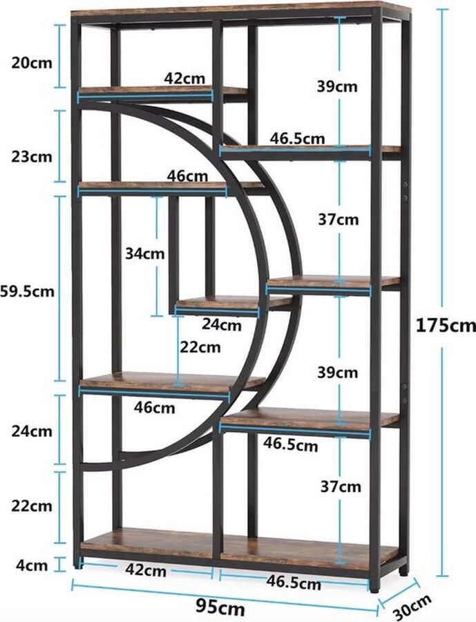Mrs. Jones Boekenkast Plankenkast Open Kast Hout 5 laags Industrieel Zwart metaal Donker hout 95x175x30