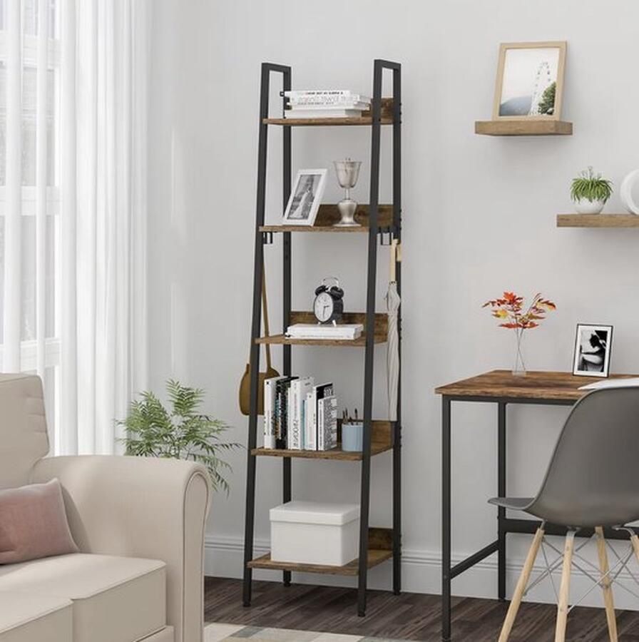 Mrs. Jones Boekenkast Plankenkast Open Kast Hout 5 laags Industrieel Zwart metaal Donker hout 40x170x36