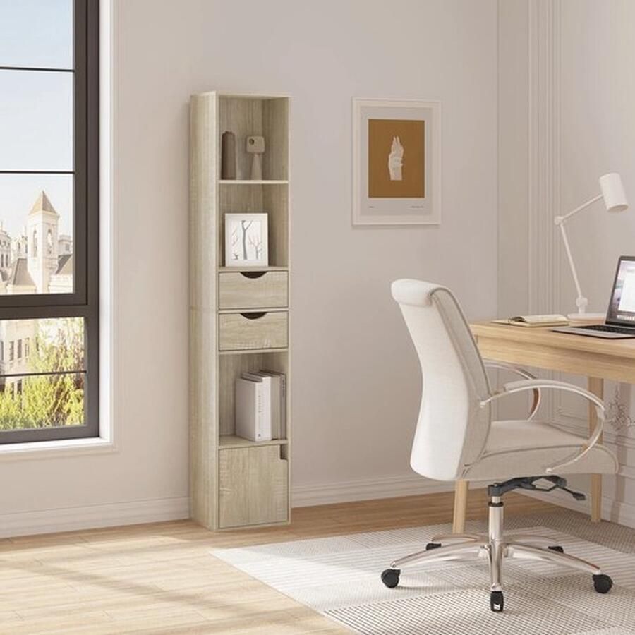 Mrs. Jones Boekenkast Staande Plank met Lade en Deur Kast Boekenrek Thuis & Kantoor Display Opbergplanken Organizer voor Woonkamer Decor 24x30x157 cm