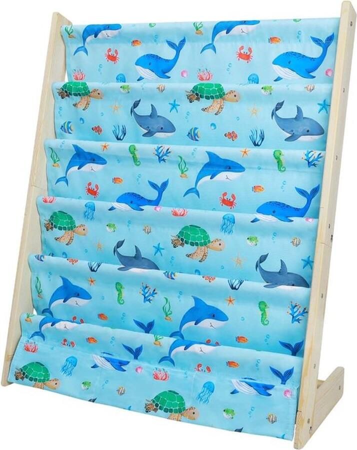 Mrs. Jones Boekenkast voor kinderen kinderrek rek klein boekenkast met 5 planken en 3 vakken opbergplank boekenorganizer van grenen en Oxford-stof (zeedieren)