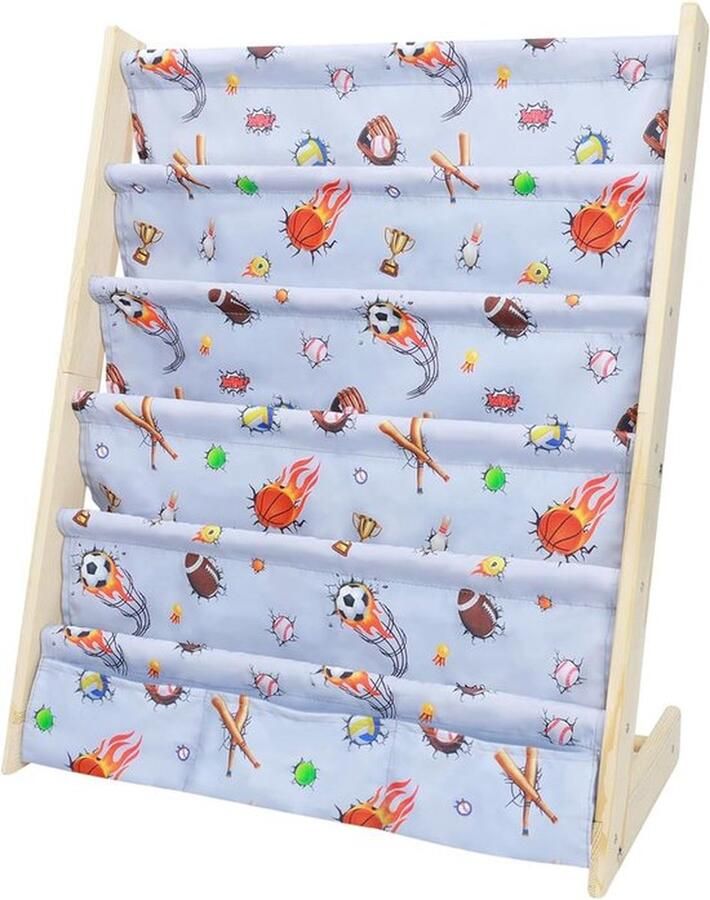 Mrs. Jones Boekenkast voor kinderen kinderrek rek klein boekenkast met 5 planken en 3 vakken opbergrek boekenorganizer van grenen en Oxford-stof (sportballen)