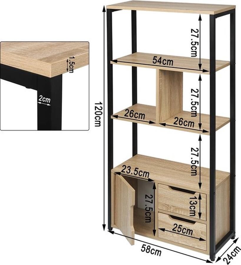 Mrs. Jones Boekenrek Boekenkast Open design 2 lades 1 kastdeur 4 planken Stevige kwaliteit 58x24x120 LxBxH