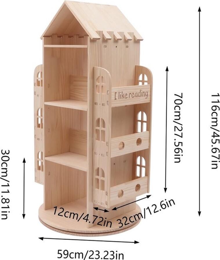 Mrs. Jones Boekenrek Kinderkamer Kinderboekenkast -Opbergrek Staande Boekenkast Boeken Display Roterend 360° L59 x B59 x H116 CM Dennenhout
