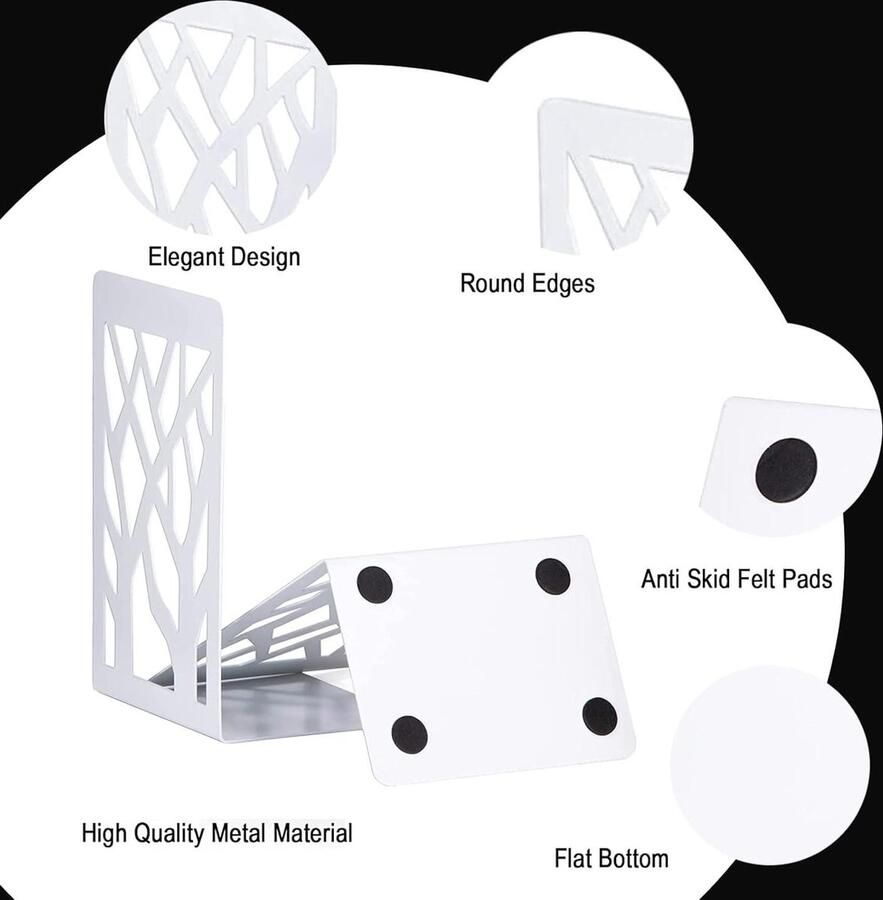 Mrs. Jones Boeksteunen 3 paar metalen boekensteunen decoratieve boekenhouder rek antislip boekenstandaard boomdesign boekenrek voor keuken kantoor school bibliotheek wit