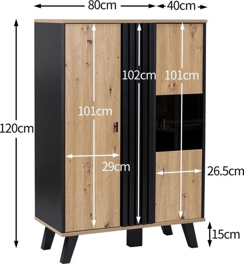 Mrs. Jones Buffetkast Dressoir Luxe Kast Vitrinekast Servieskast Keukenkast Opbergkast Hout Glas LED Verlichting 120x80x40Cm Bruin Zwart