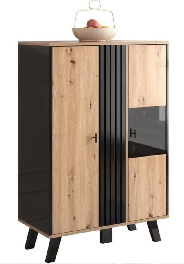 Mrs. Jones Buffetkast Vitrine Dressoir Kast Hout Glas Led verlichting Streep ontwerp Bruin Zwart 120x80x40cm