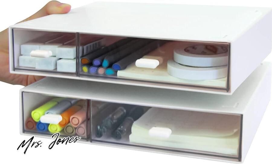 Mrs. Jones 2 stuks plastic bureauorganisator stapelbare organizer laden make-up desktop opslag (wit)