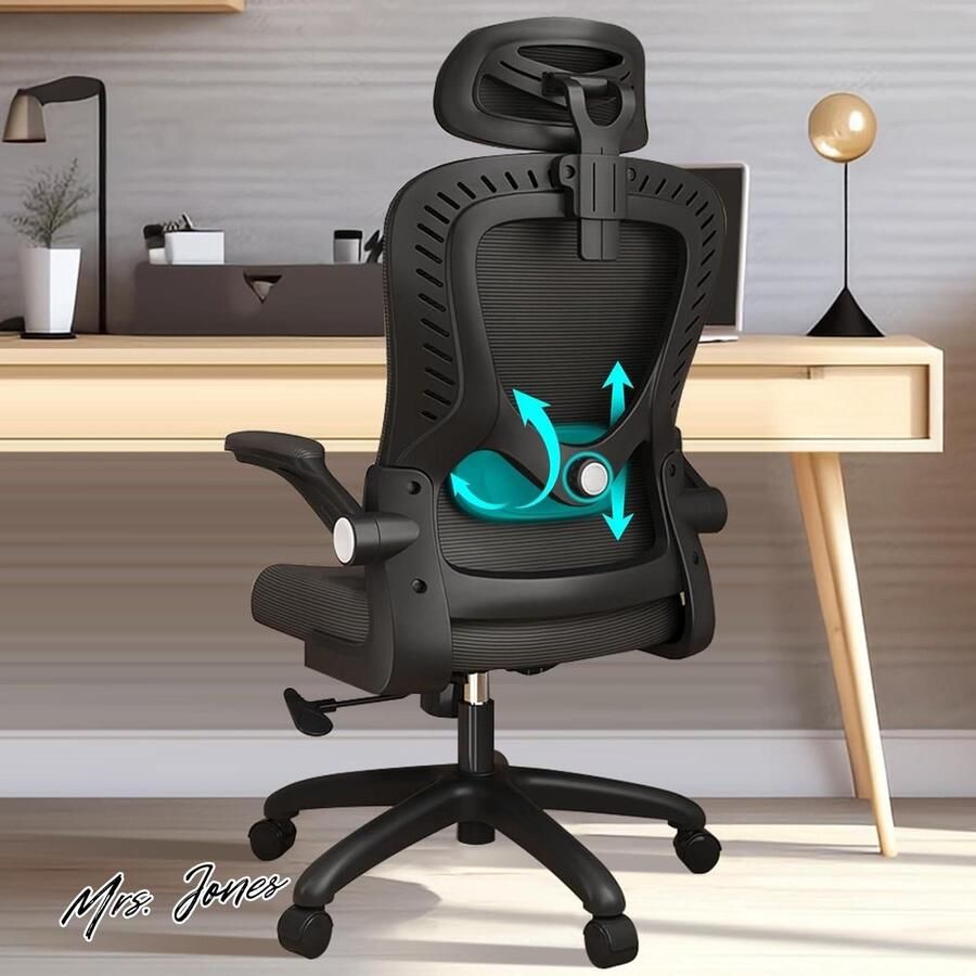 Mrs. Jones Bureaustoel ergonomisch met lendensteun armleuningen verstelbare hoofdsteun draaistoel met hoge rugleuning comfortabel voor thuiskantoor zwart hoge rugleuning verstelbaar