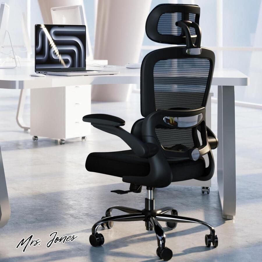 Mrs. Jones Bureaustoel zwart ergonomisch in hoogte verstelbaar met wieltjes draaistoel werkstoel met mesh rugleuning