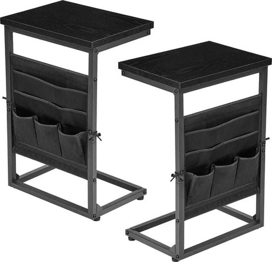 Mrs. Jones C-vormige Bijzettafels Set van 2 Tafel Houten Koffietafels met Opbergvakken Kleine Salontafels met Zwart Metalen Frame voor Woonkamer