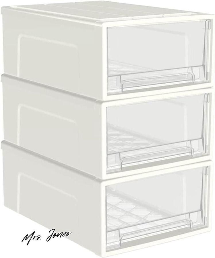 Mrs. Jones Cetomo 14L x 3 kunststof opbergladen-bureauorganizers-ladeorganizer-opbergdoos-stapelbare toren-voor desktop slaapkamer slaapzaal-cosmetica-duurzaam-PP-BPA-vrij-wit en helder-14L-3 stuks
