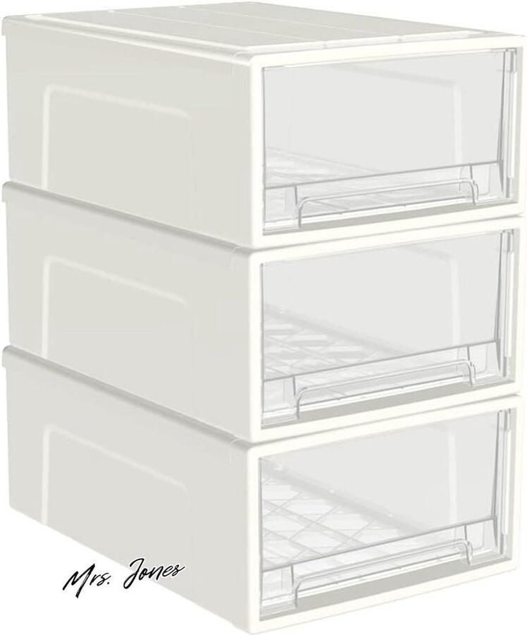 Mrs. Jones Cetomo 5L x 3 kunststof opbergladen ladeorganizer opbergdoos stapelbare toren voor desktop slaapkamer cosmetica duurzaam BPA-vrij wit helder 5 l 3 stuks