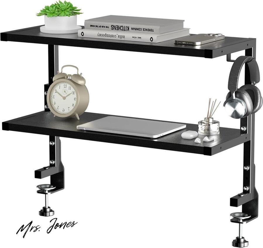 Mrs. Jones Clamp-on bureau-organizer 24 inch 2 niveaus doe-het-zelf plank onder bureau voor gaming-apparaten tafelaccessoires en meer zwart bureauorganizer gamingaccessoires tafelaccessoires
