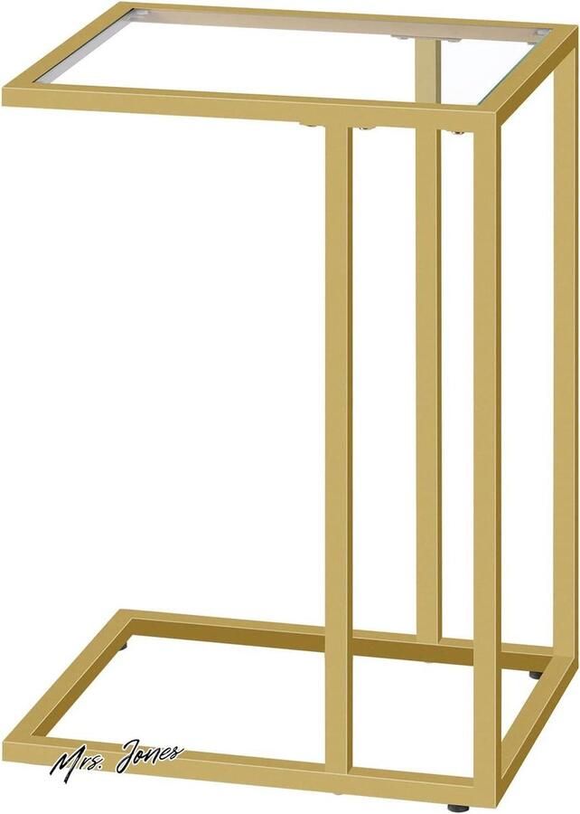 Mrs. Jones Premium Collection C-vormige bijzettafel glazen bovenblad goudkleurig frame klein formaat laptop eindtafel woonkamer nachtkastje