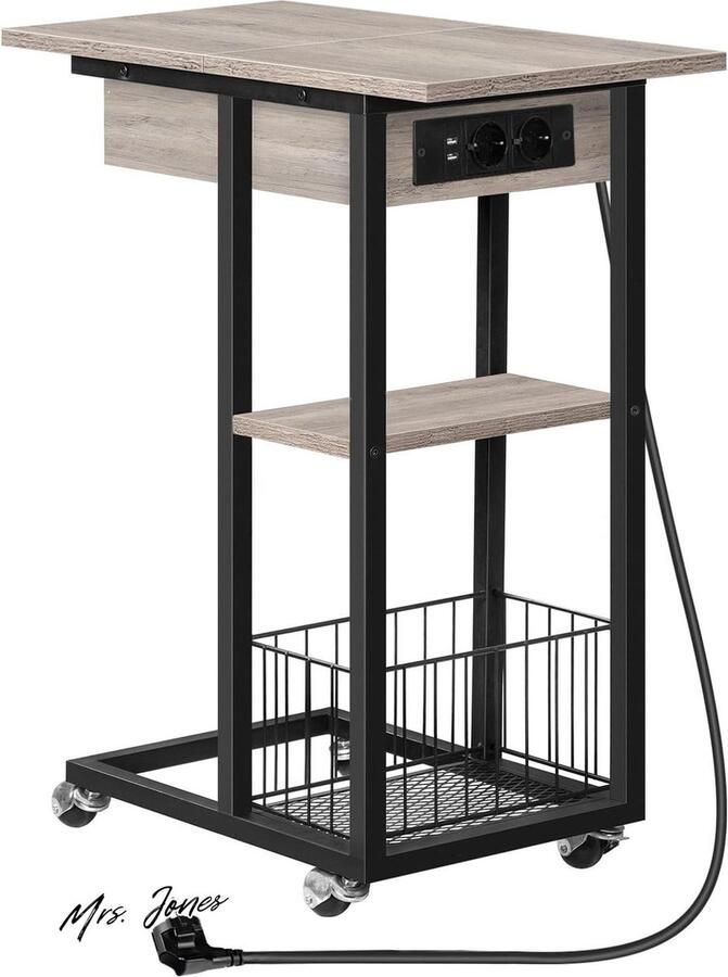 Mrs. Jones Premium Collection Bijzettafel C-vormig met laadstation Flip Greige-Zwart Wielen Legplank Nachtkastje