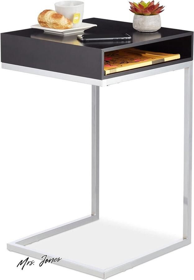 Mrs. Jones Premium Collection Bijzettafel over bank C-vorm 63x37x38 cm Opbergruimte MDF Metaal Zwart zilver