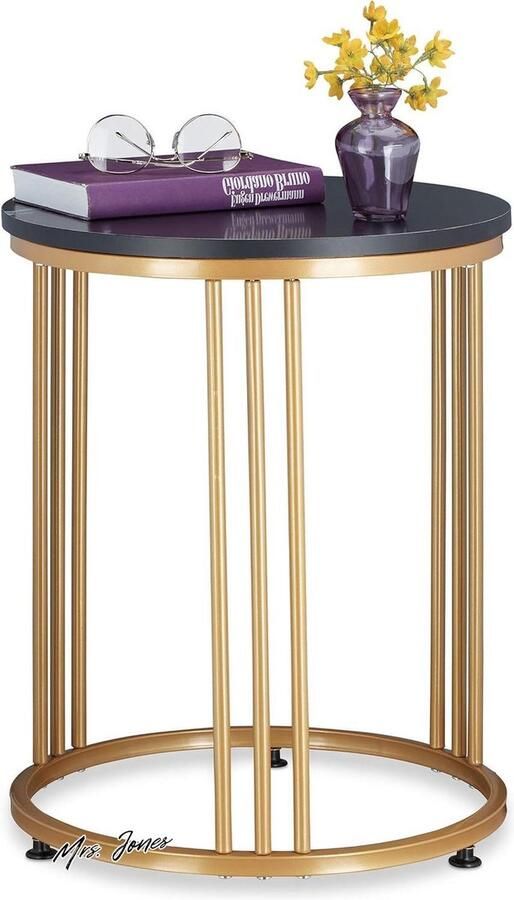 Mrs. Jones Collection Bijzettafel Rond Metaal MDF Marmerlook Salontafel Zwart Goud