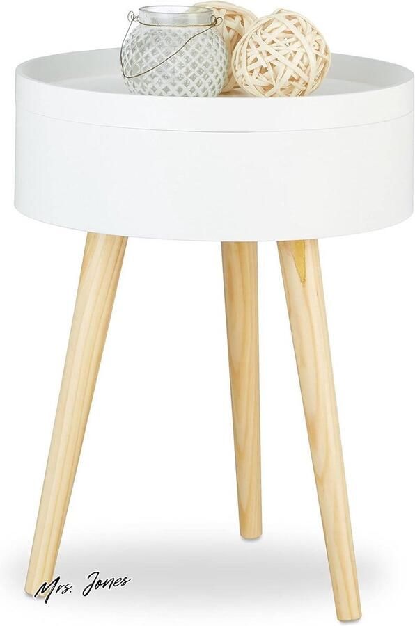 Mrs. Jones Collection Bijzettafel Scandinavisch design Rond Dienblad Opbergruimte H: 50 cm Ø: 38 cm Wit