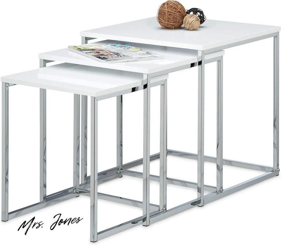 Mrs. Jones Premium Collection Bijzettafel set van 3 Salontafel Hout en Metaal Modern Design Wit HxBxD: ca. 42x40x40 cm
