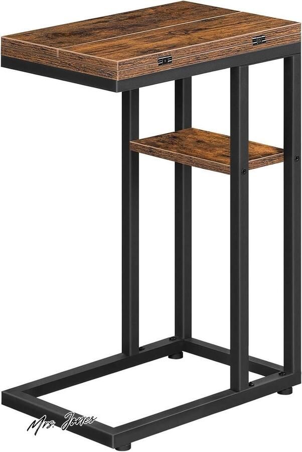 Mrs. Jones Collection C-vormige opvouwbare bijzettafel Nachtkastje Laptophouder Klein formaat Rustiek design Bruin Zwart