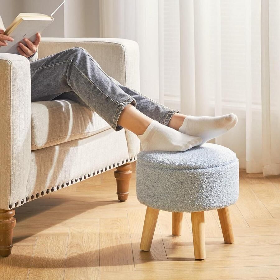 Mrs. Jones Collection Kleine 13 inch Ottomaanse poef Opbergruimte Teddy fluweel Blauw Houten poten