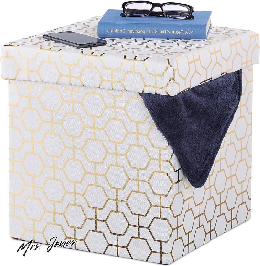 Mrs. Jones Premium Collection Opvouwbare poef met geometrisch design Wit-goud 38x38x38 cm Opbergruimte