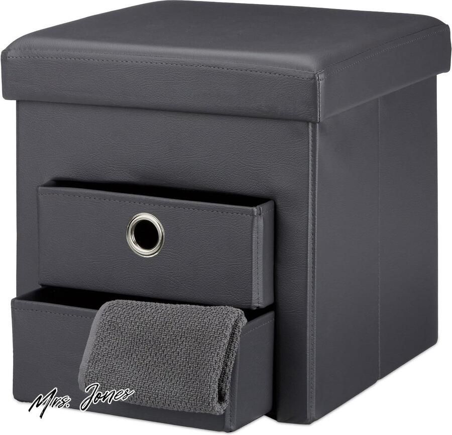 Mrs. Jones Premium Collection Opvouwbare poef met opbergruimte Grijs 38x38x38 cm Kunstleer 2 uitneembare vakken
